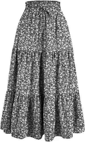 Womens Summer Casual A-Line Long Skirt Tiered High Waist Beach Outfits Elastic Waist Bohemian Print Maxi Skirt
