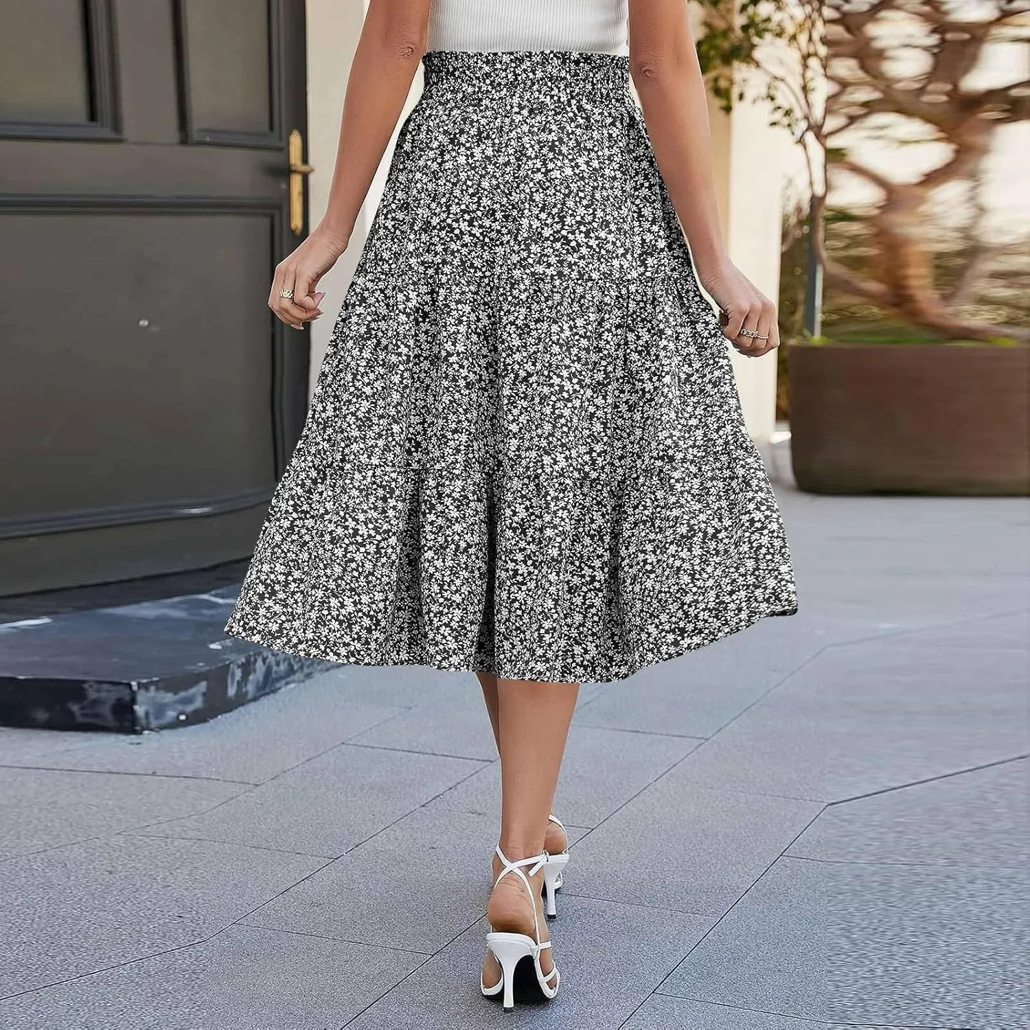 Womens Summer Casual A-Line Long Skirt Tiered High Waist Beach Outfits Elastic Waist Bohemian Print Maxi Skirt