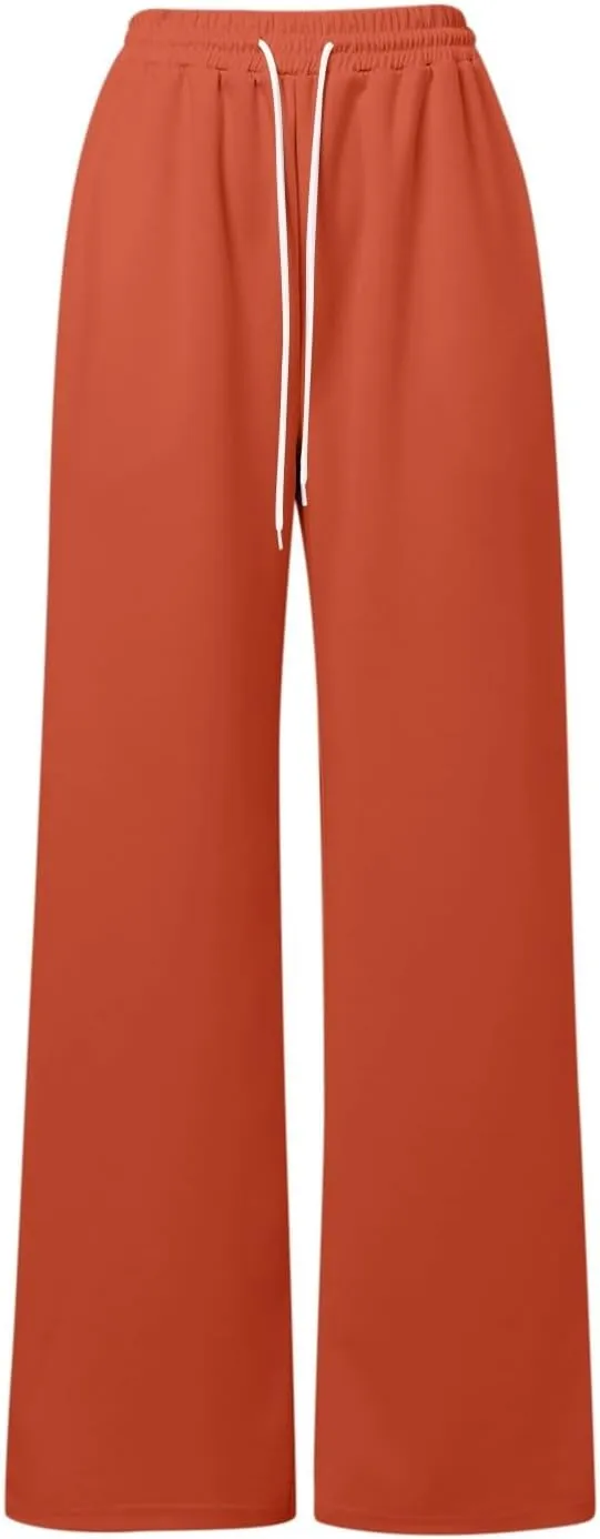 Women's Summer Casual Pants High Waist Drawstring Wide Straight Leg Sport Pants Loose Workout Trousers with Pockets