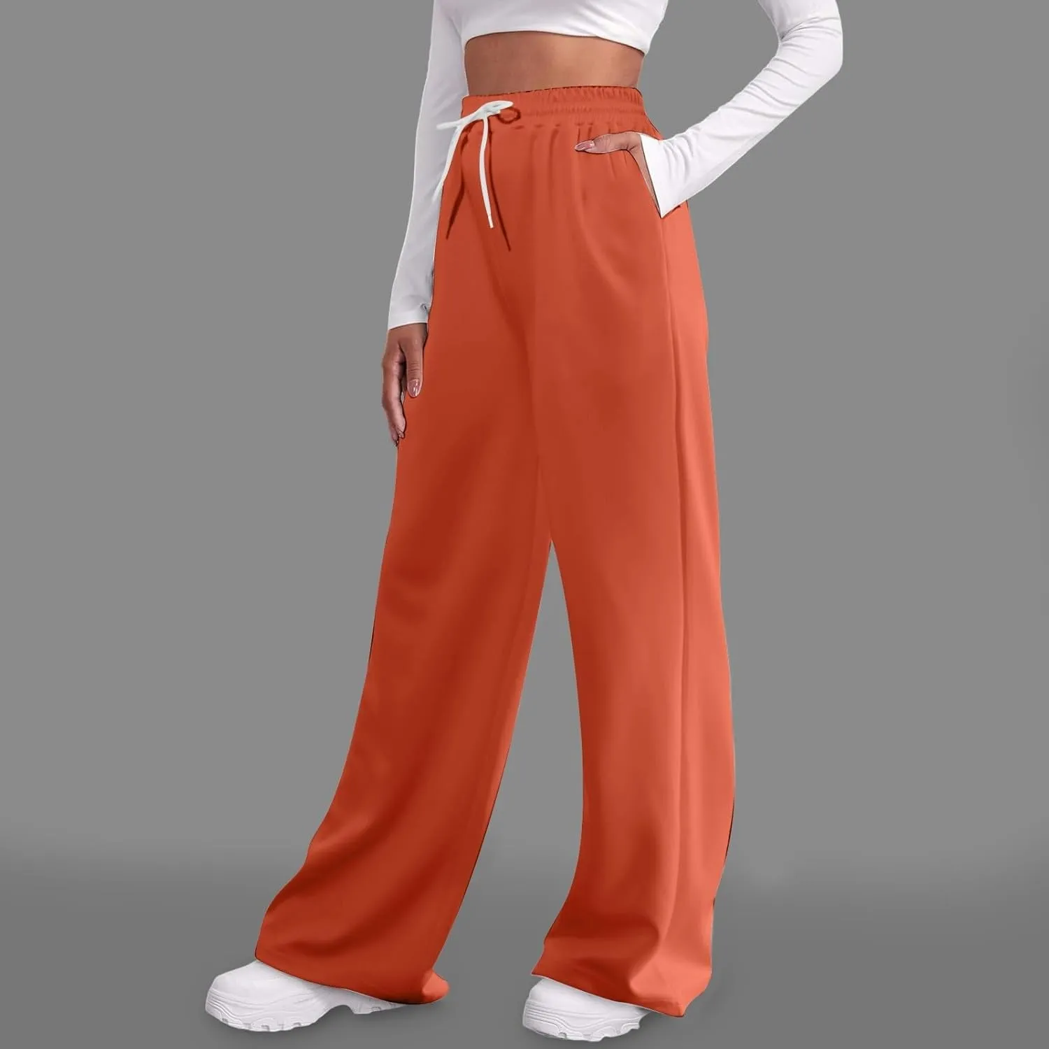 Women's Summer Casual Pants High Waist Drawstring Wide Straight Leg Sport Pants Loose Workout Trousers with Pockets