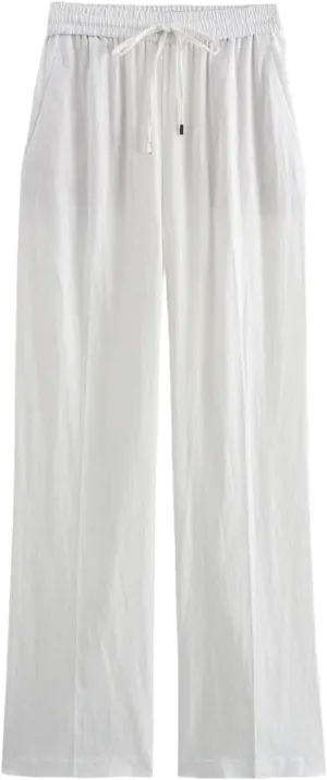 Women's Summer Lace-Up Linen Pants  High Waist Straight-Leg Drawstring Waist Office Lady Trousers with Pockets