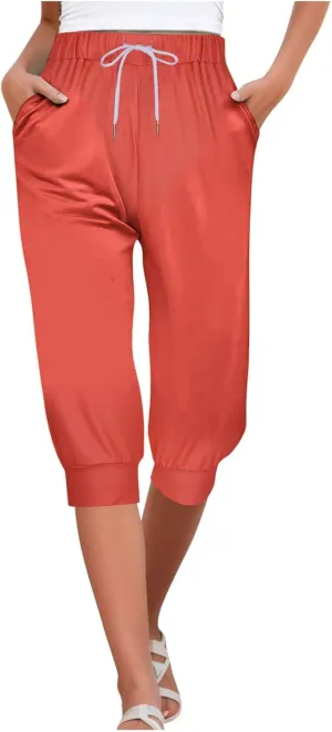 Women's Sweatpants Capris Elastic Drawstring Waist Cropped Jogger Pants Summer Solid Running Lounge Capri with Pocket