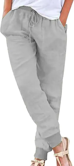 Womens Tapered Pants Cotton Linen Casual Trousers Lightweight Drawstring Travel Beach Joggers Slacks with Pockets