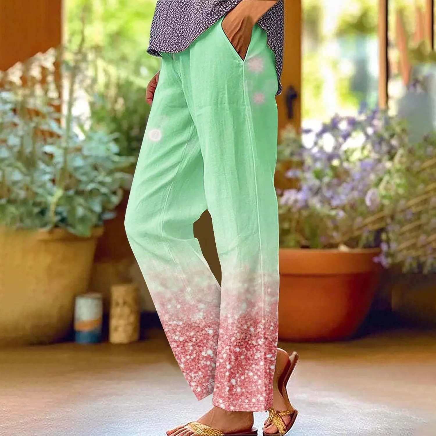 Womens Trendy Printed Linen Pants Summer High Elastic Waisted Long Pants Casual Straight Leg Trousers with Pockets