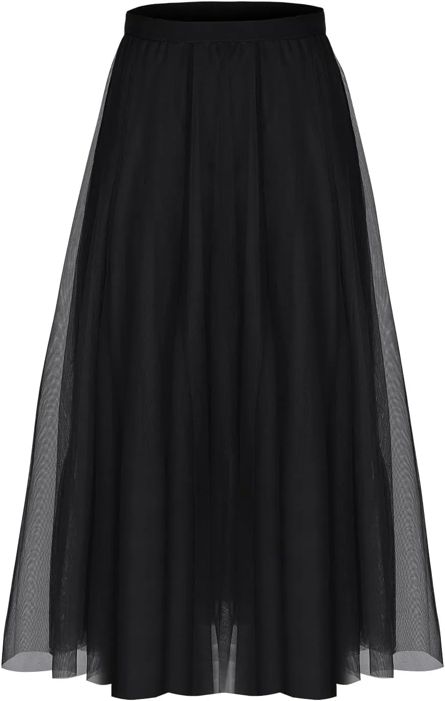 Womens Tulle Skirt Elegant Pleated Skirt for Women Midi Length Elastic Waist Skirts Party Evening A Line Tutu Skirts