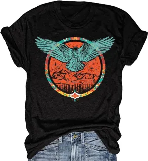 Women's Vintage Bohemian T-Shirt Summer Boho Short Sleeve Eagle Hippie Bird Shirt Graphic Tee Tops