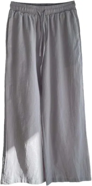 Women's Wide Leg Linen Pants, Plus Size Drawstring High Waisted Cotton Linen Pants Summer Casual Palazzo Trousers