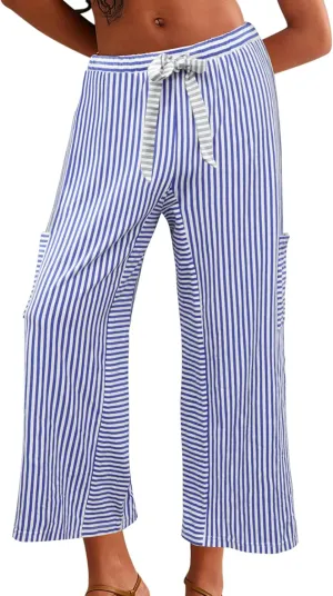 Women's Wide Leg Lounge Pants Striped Mid Waisted Drawstring Beach Pants Capri Pants Trousers with Pockets