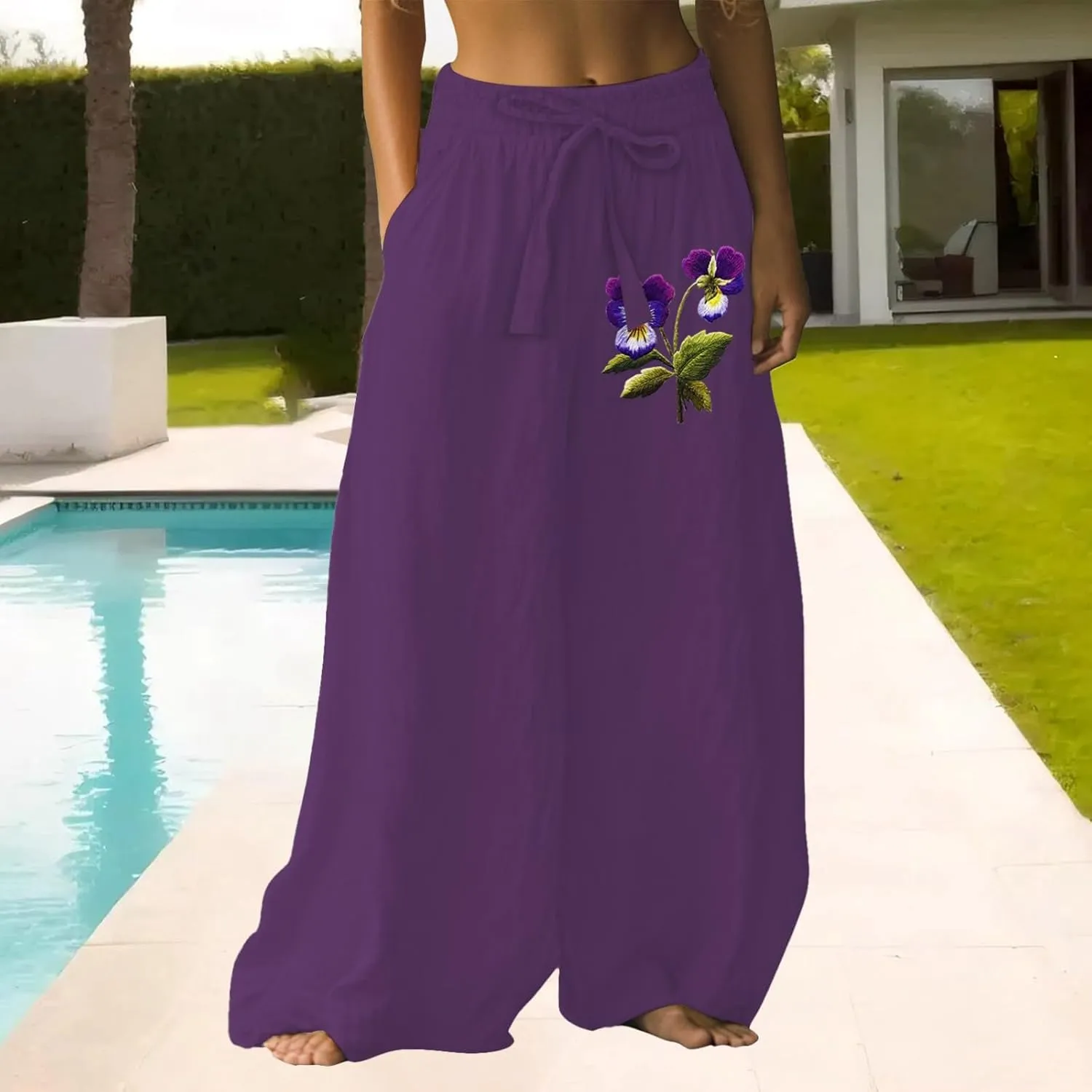 Womens Wide Leg Summer Pants Flowy Side Split Palazzo Beach Pants Boho High Waisted Trousers Vacation Outfits