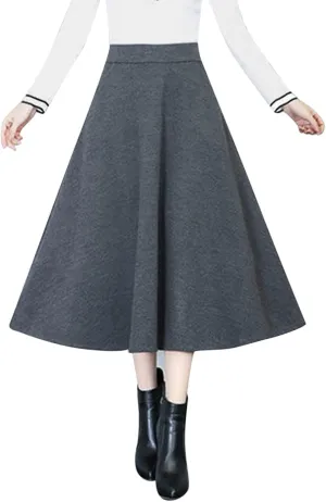 Womens Winter Vintage High Elastic Waist A Line Pleated Wool Midi Skirt Lady Toddler Girl Ballet Leotard with