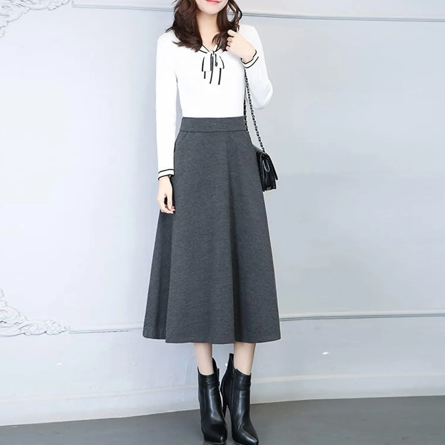 Womens Winter Vintage High Elastic Waist A Line Pleated Wool Midi Skirt Lady Toddler Girl Ballet Leotard with