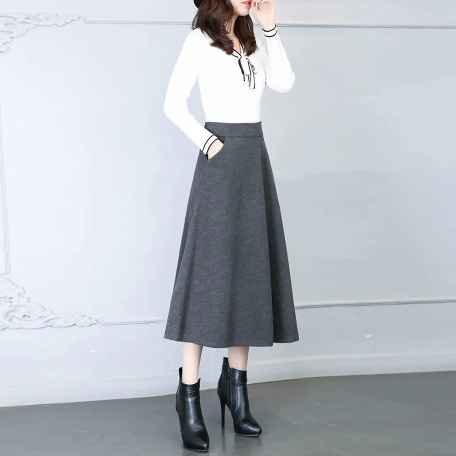 Womens Winter Vintage High Elastic Waist A Line Pleated Wool Midi Skirt Lady Toddler Girl Ballet Leotard with