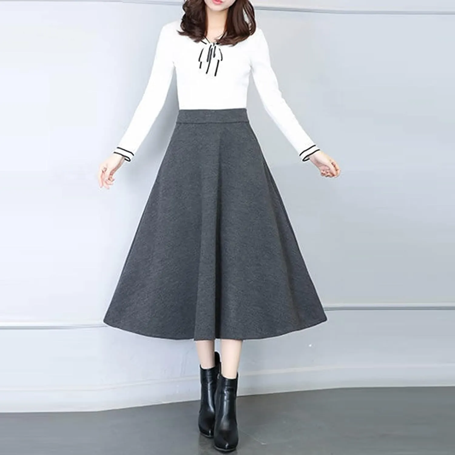 Womens Winter Vintage High Elastic Waist A Line Pleated Wool Midi Skirt Lady Toddler Girl Ballet Leotard with