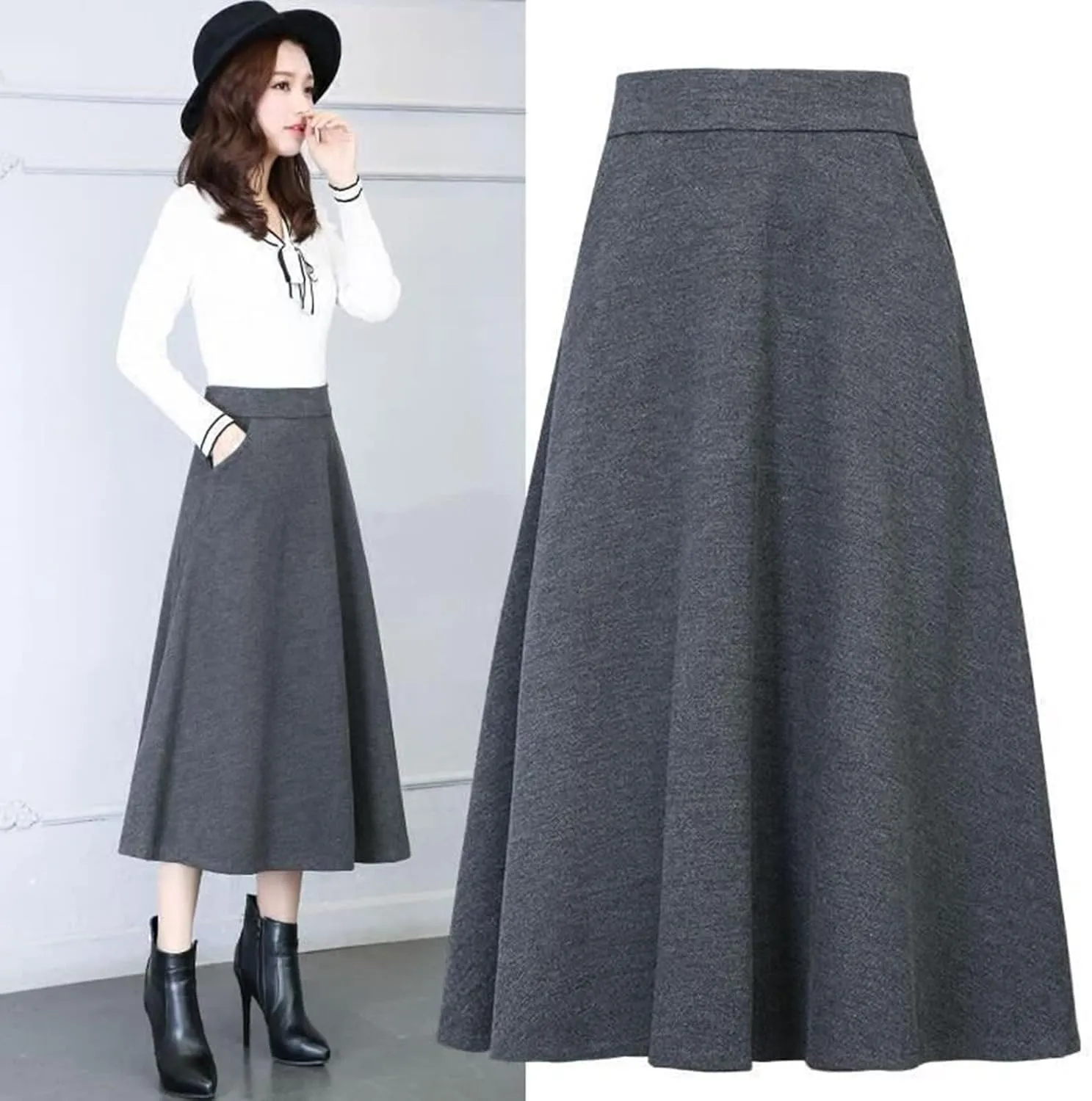 Womens Winter Vintage High Elastic Waist A Line Pleated Wool Midi Skirt Lady Toddler Girl Ballet Leotard with