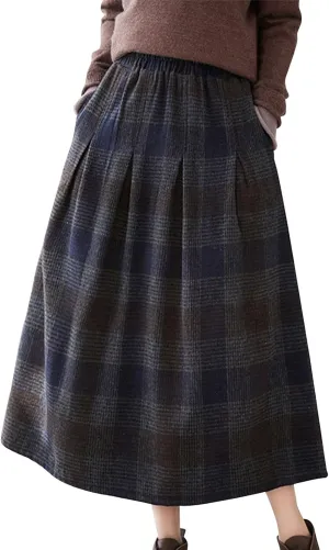 Women's Wool Skirt Vintage Plaid Skirt Fashion Elegant Elastic High Waist Knee-Length Pleated Midi Skirt with Pocket
