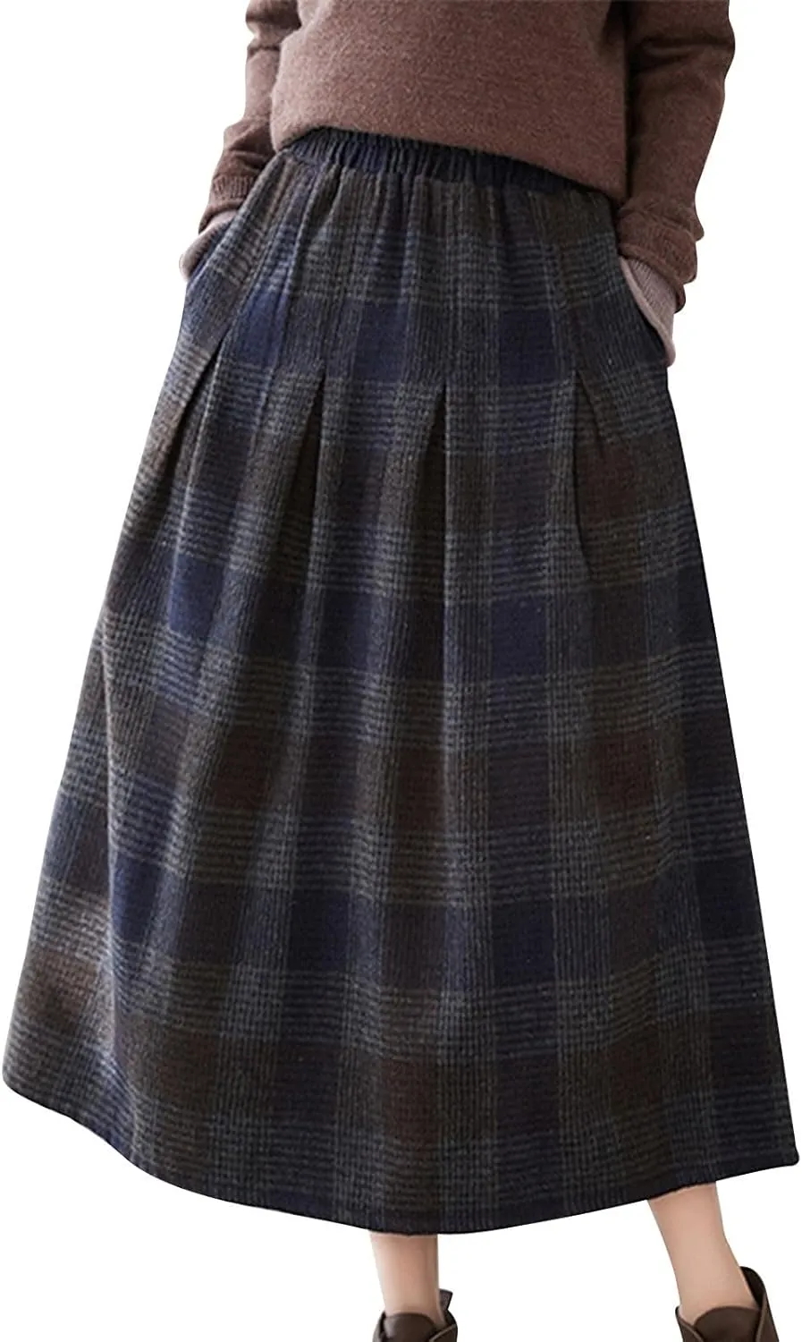 Women's Wool Skirt Vintage Plaid Skirt Fashion Elegant Elastic High Waist Knee-Length Pleated Midi Skirt with Pocket