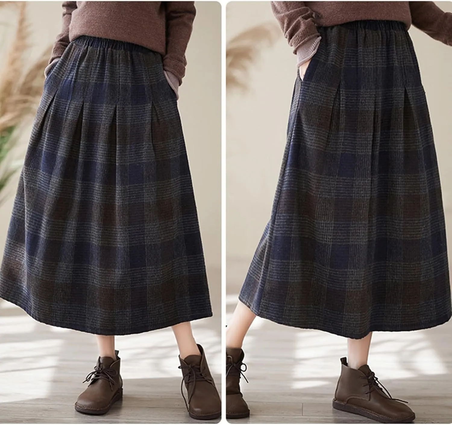 Women's Wool Skirt Vintage Plaid Skirt Fashion Elegant Elastic High Waist Knee-Length Pleated Midi Skirt with Pocket