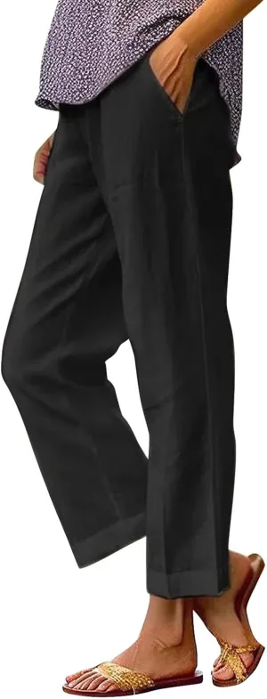 Women'sLounge Pants Women Solid Straight Solid Elastic Pants Long Drawstring Linen Women Lightweight Tapered Lounge