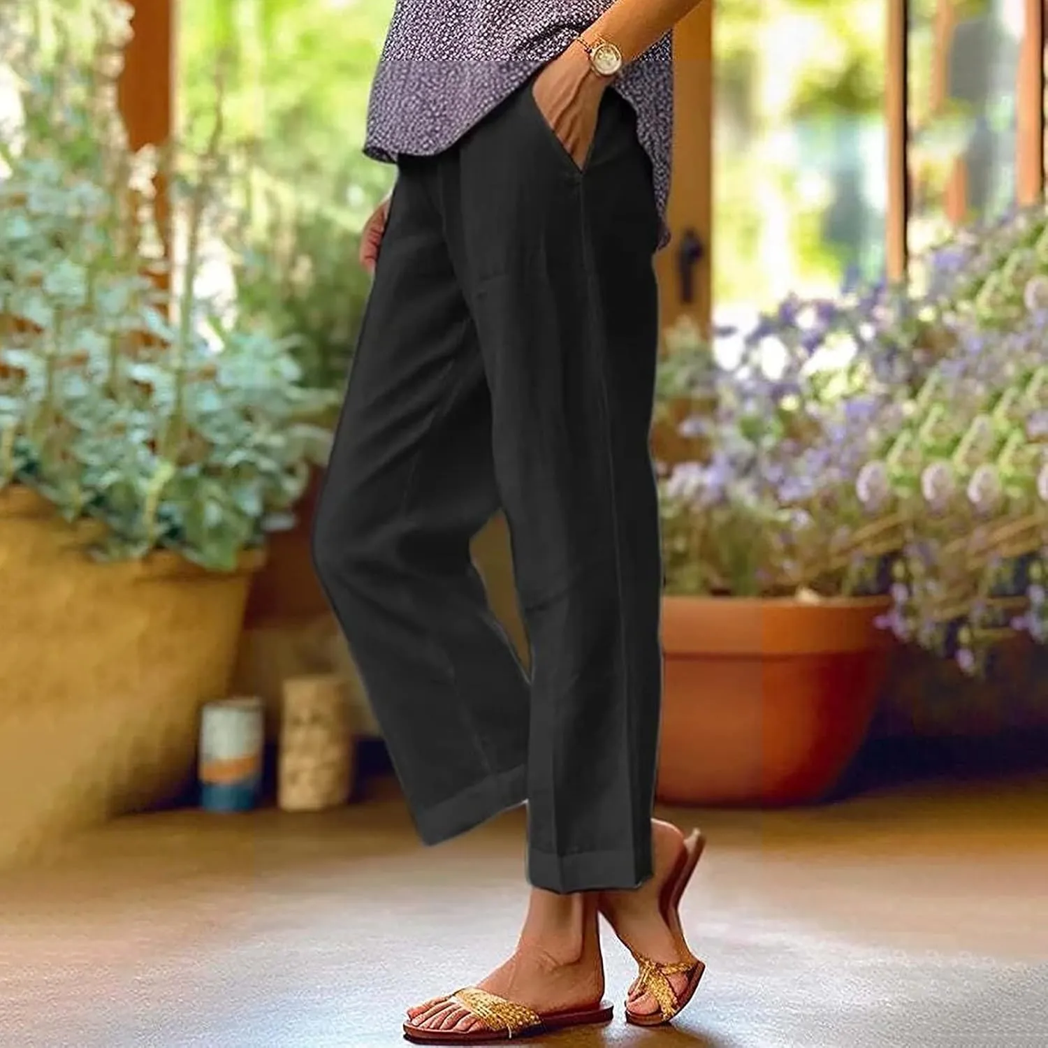Women'sLounge Pants Women Solid Straight Solid Elastic Pants Long Drawstring Linen Women Lightweight Tapered Lounge
