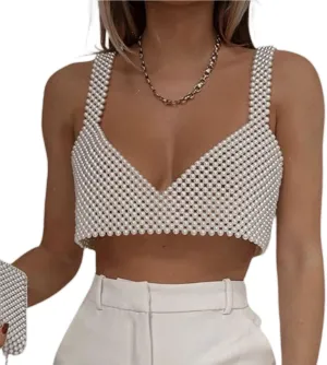 XBTCLXEBCO Sexy Pearl Cami Top for Women Sleeveless Hollow Out Beaded Camisoles Sling Crop Top Bra Vest Cover Up Clubwear