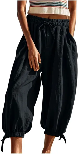 Xiaojmake Women Casual Beach Pants Summer Cinched Bottom Linen Capris Drawstring Elastic High Waist Cotton Cropped Trousers