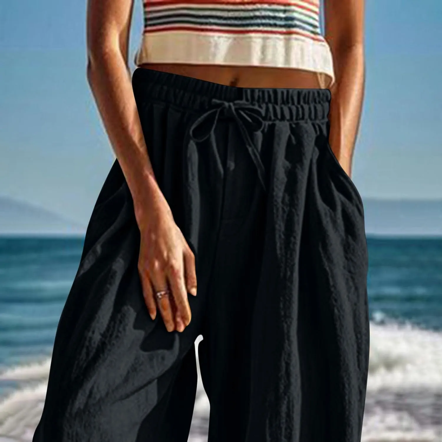 Xiaojmake Women Casual Beach Pants Summer Cinched Bottom Linen Capris Drawstring Elastic High Waist Cotton Cropped Trousers