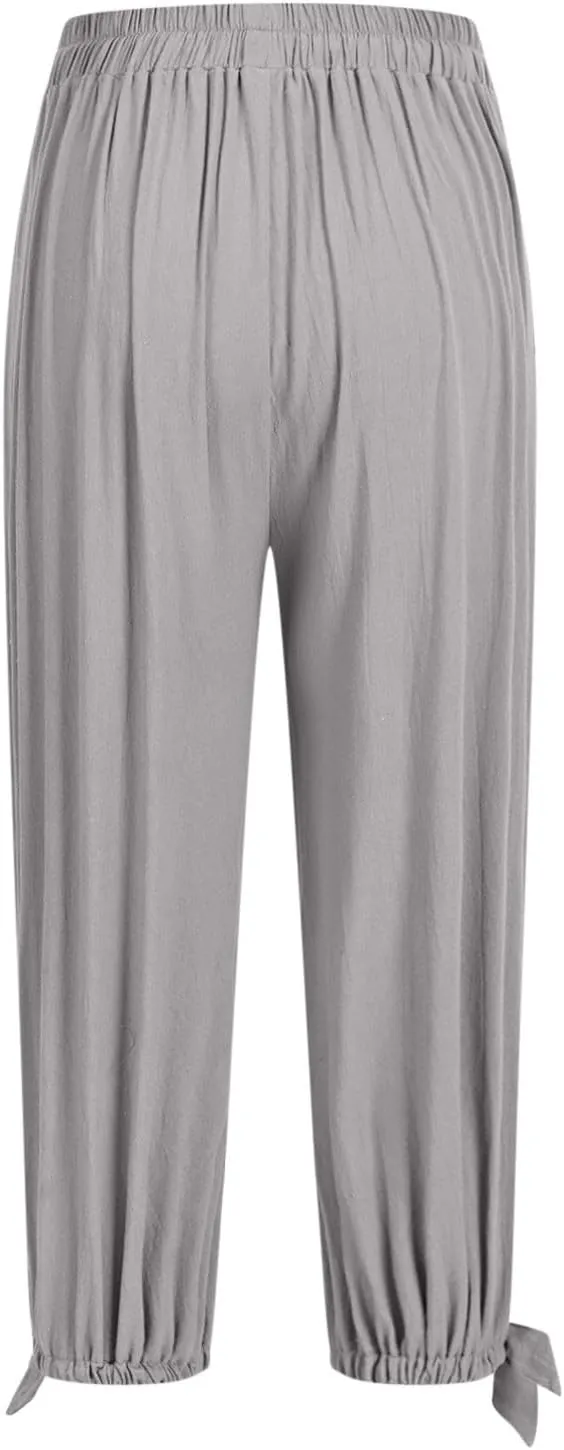Xiaojmake Women Casual Beach Pants Summer Cinched Bottom Linen Capris Drawstring Elastic High Waist Cotton Cropped Trousers