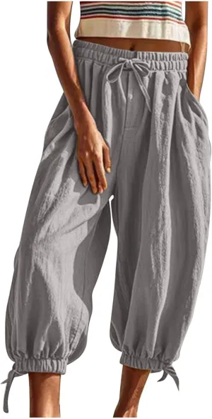 Xiaojmake Women Casual Beach Pants Summer Cinched Bottom Linen Capris Drawstring Elastic High Waist Cotton Cropped Trousers