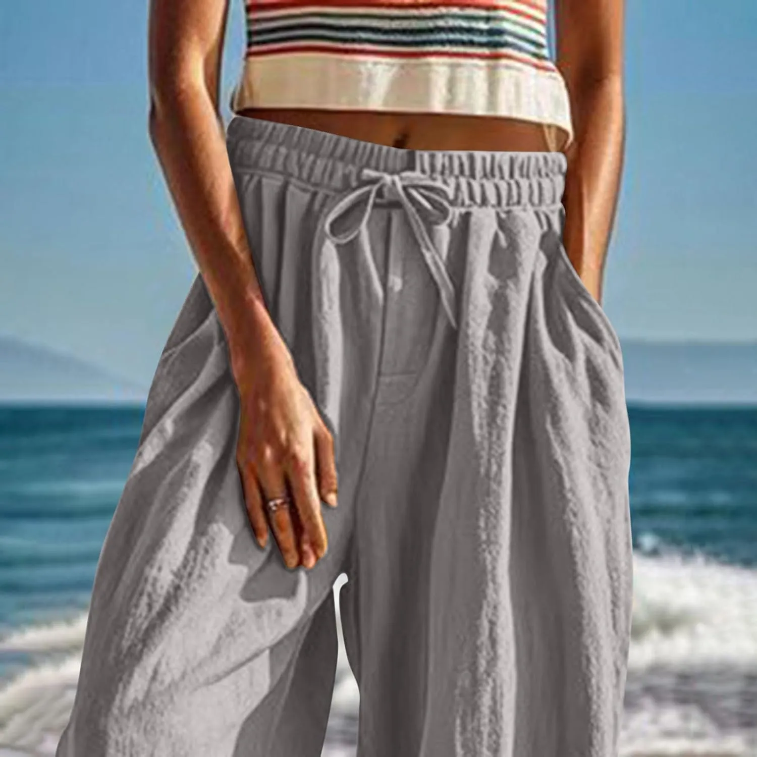 Xiaojmake Women Casual Beach Pants Summer Cinched Bottom Linen Capris Drawstring Elastic High Waist Cotton Cropped Trousers