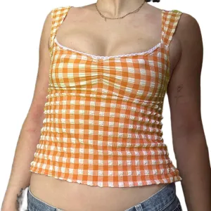 Y2K Going Out Plaid Cami Top Widen Strappy Low Cut Square Neck Gingham Fitted Crop Camisole Vintage Aesthetic Crop Tank Top
