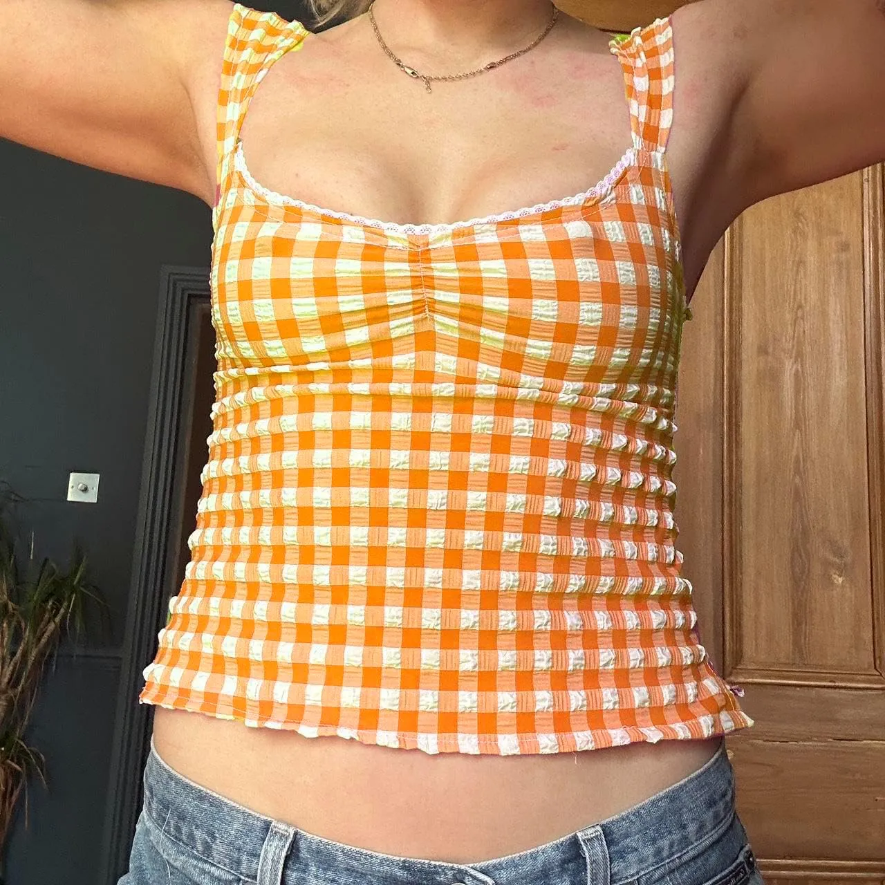 Y2K Going Out Plaid Cami Top Widen Strappy Low Cut Square Neck Gingham Fitted Crop Camisole Vintage Aesthetic Crop Tank Top
