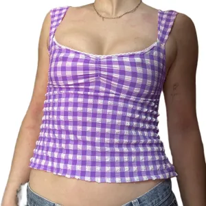 Y2K Going Out Plaid Cami Top Widen Strappy Low Cut Square Neck Gingham Fitted Crop Camisole Vintage Aesthetic Crop Tank Top