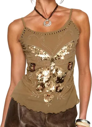 Y2K Sequin Cami Top for Women Sexy Sparkle Backless Low Cut Crop Tank Top Cute Teens Summer Rhinestone Going Out Tops