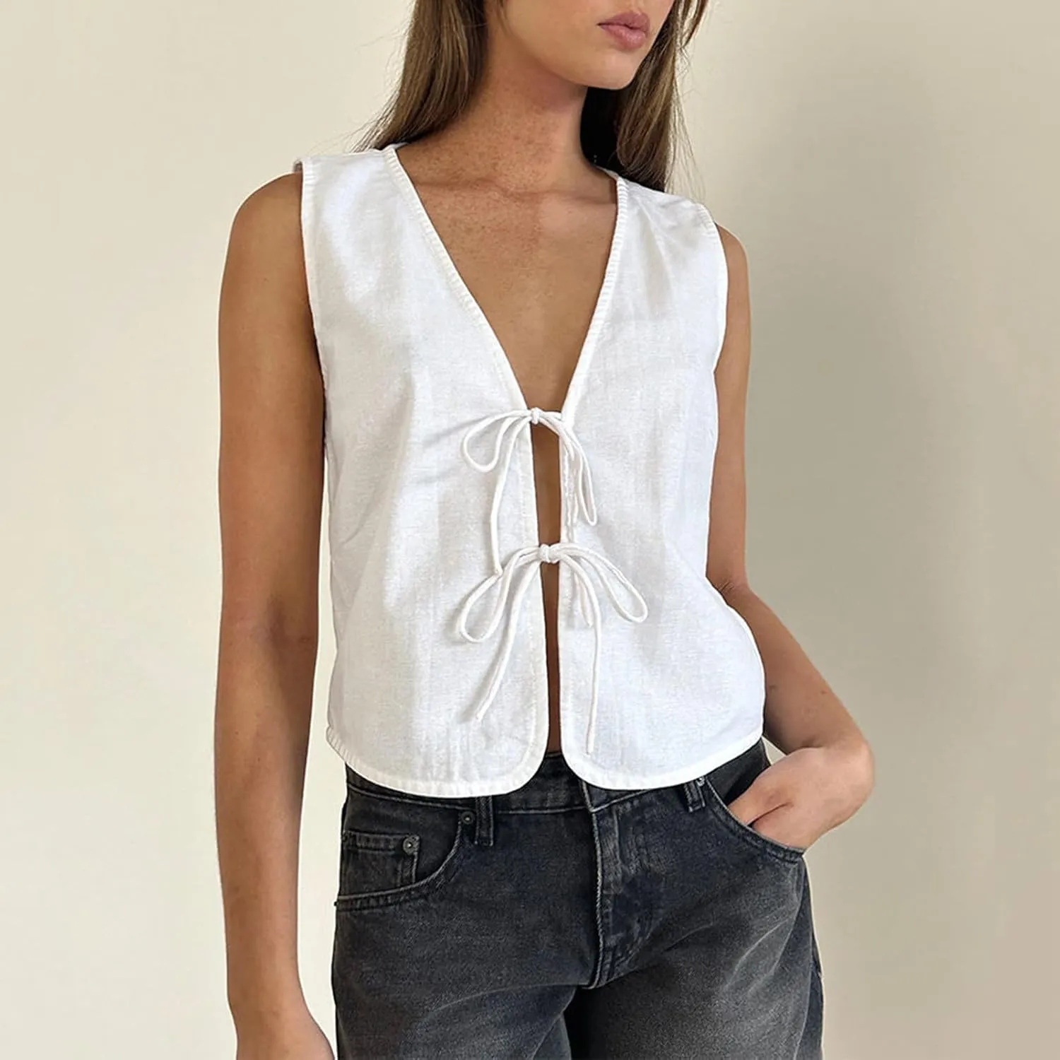 Y2K Sleeveless Tie Front Top for Women Deep V-Neck Lace Up Bow Tank Tops Summer Vintage Vest Crop Top