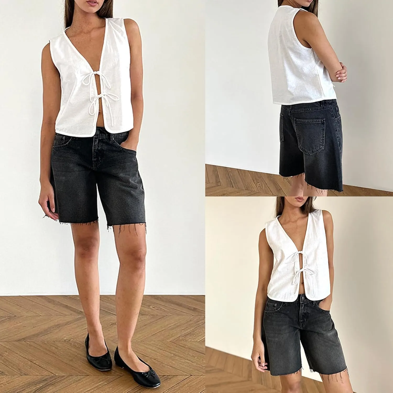 Y2K Sleeveless Tie Front Top for Women Deep V-Neck Lace Up Bow Tank Tops Summer Vintage Vest Crop Top