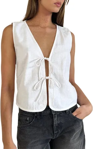 Y2K Sleeveless Tie Front Top for Women Deep V-Neck Lace Up Bow Tank Tops Summer Vintage Vest Crop Top