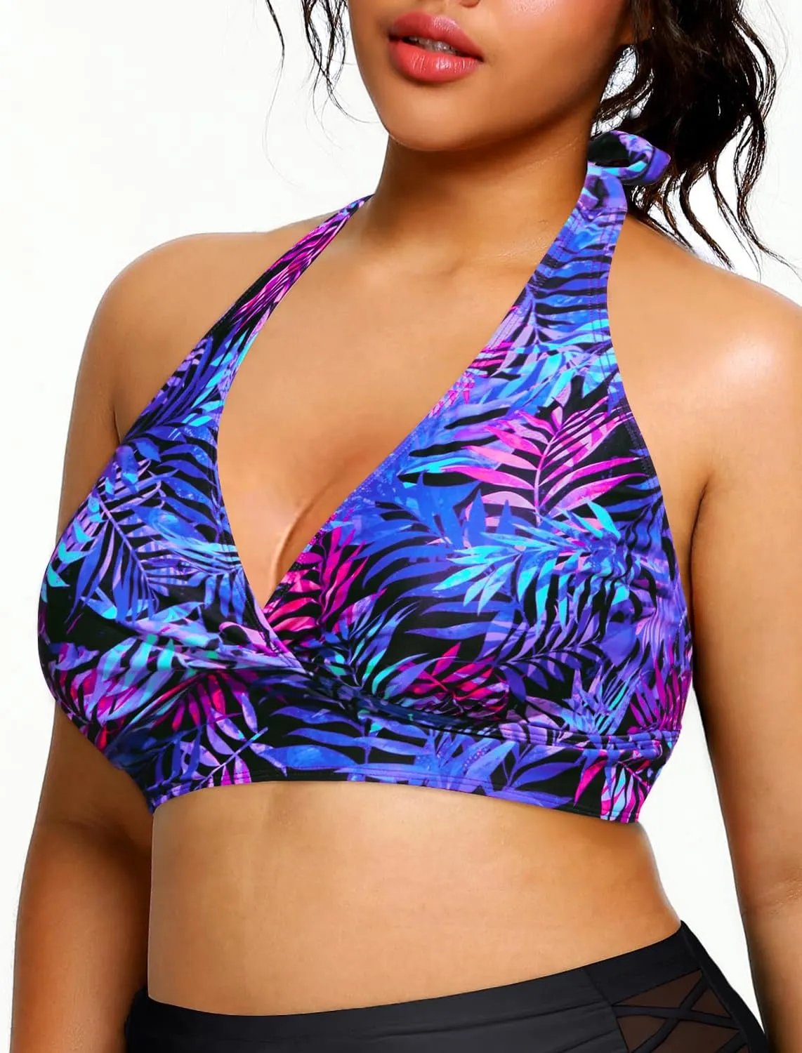 Yonique Women's Plus Size Bikini Tops Only Halter Swimsuit Top Large Bust Swim Top V Neck Bathing Suit Tops