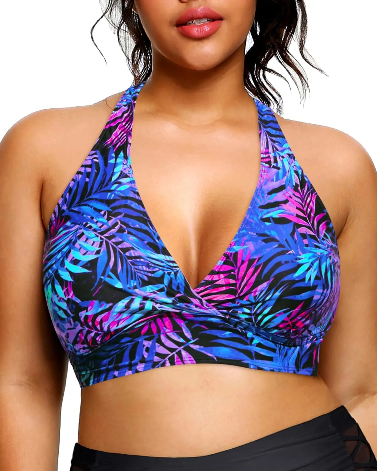 Yonique Women's Plus Size Bikini Tops Only Halter Swimsuit Top Large Bust Swim Top V Neck Bathing Suit Tops