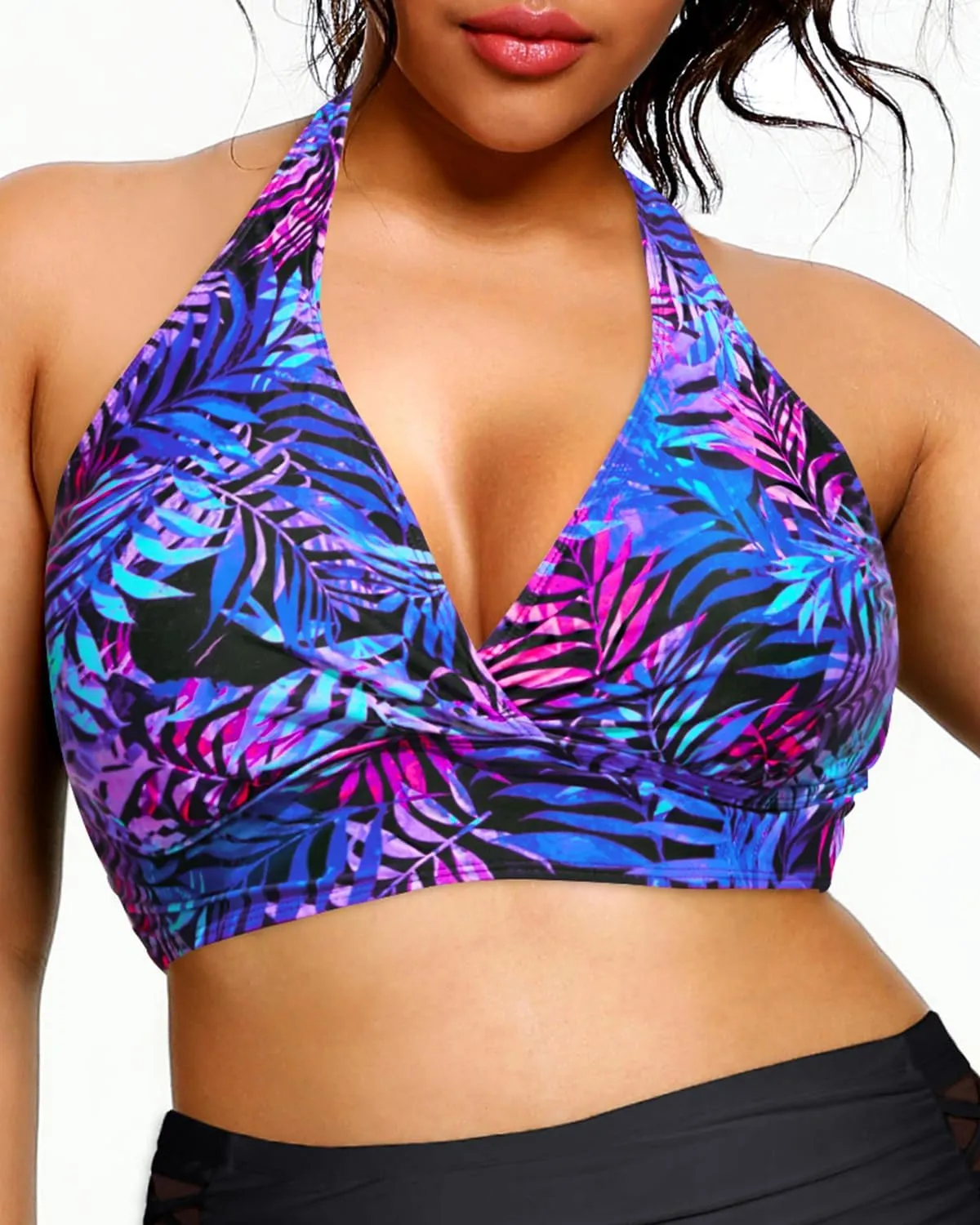Yonique Women's Plus Size Bikini Tops Only Halter Swimsuit Top Large Bust Swim Top V Neck Bathing Suit Tops