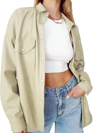 Zontroldy Faux PU Leather Shacket Jacket Women Spring Fall Fashion Button Shirt Jacket Blazer Coat
