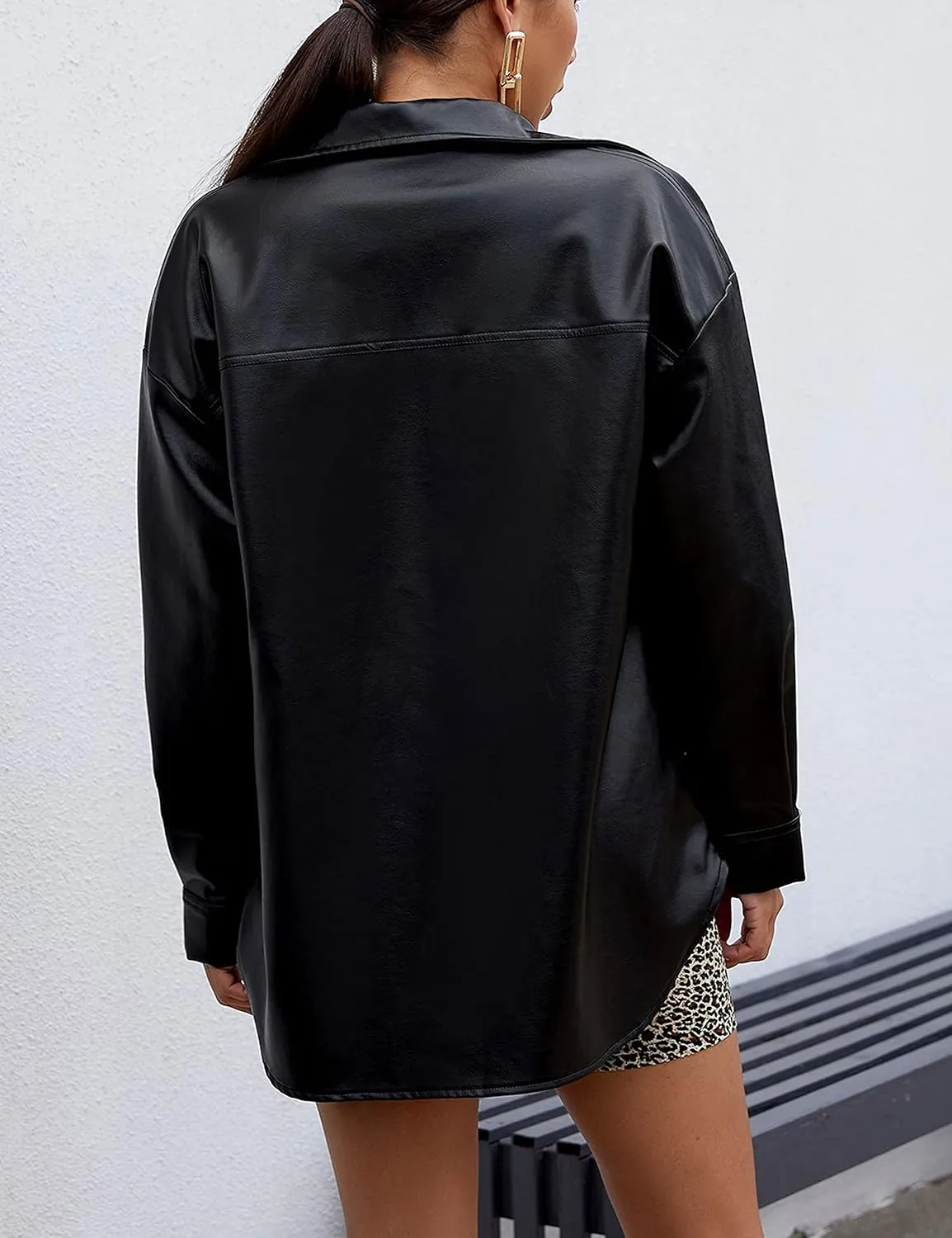 Zontroldy Faux PU Leather Shacket Jacket Women Spring Fall Fashion Button Shirt Jacket Blazer Coat