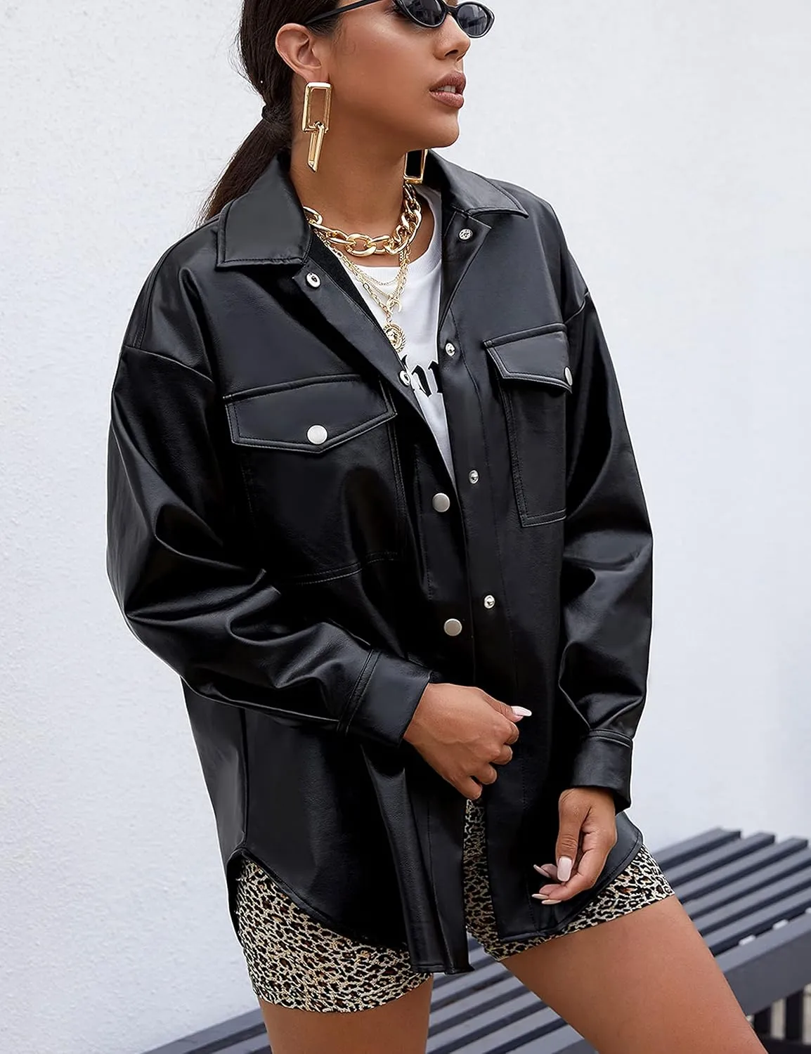 Zontroldy Faux PU Leather Shacket Jacket Women Spring Fall Fashion Button Shirt Jacket Blazer Coat