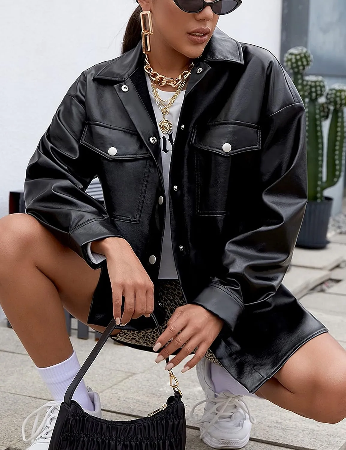 Zontroldy Faux PU Leather Shacket Jacket Women Spring Fall Fashion Button Shirt Jacket Blazer Coat