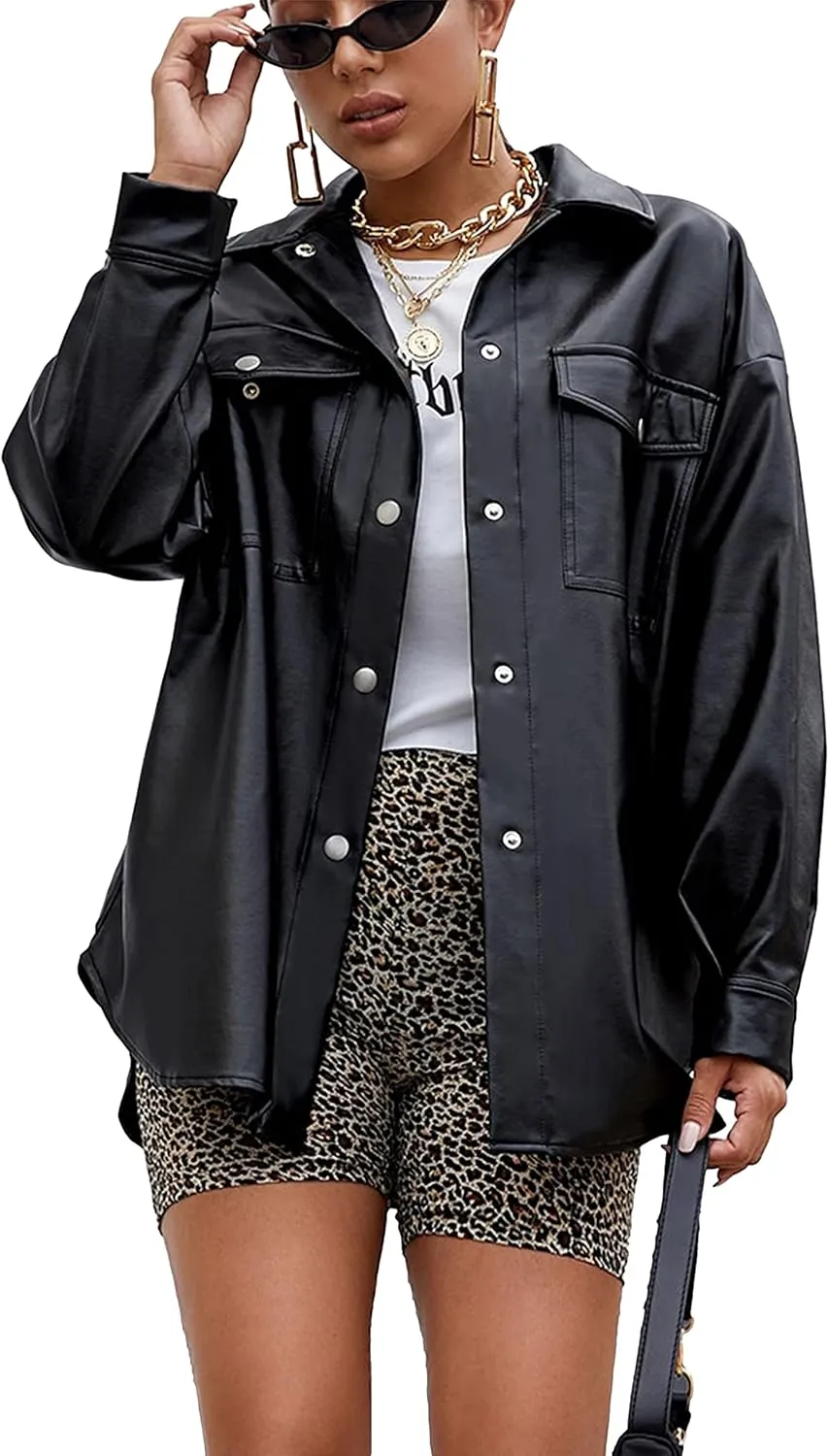 Zontroldy Faux PU Leather Shacket Jacket Women Spring Fall Fashion Button Shirt Jacket Blazer Coat